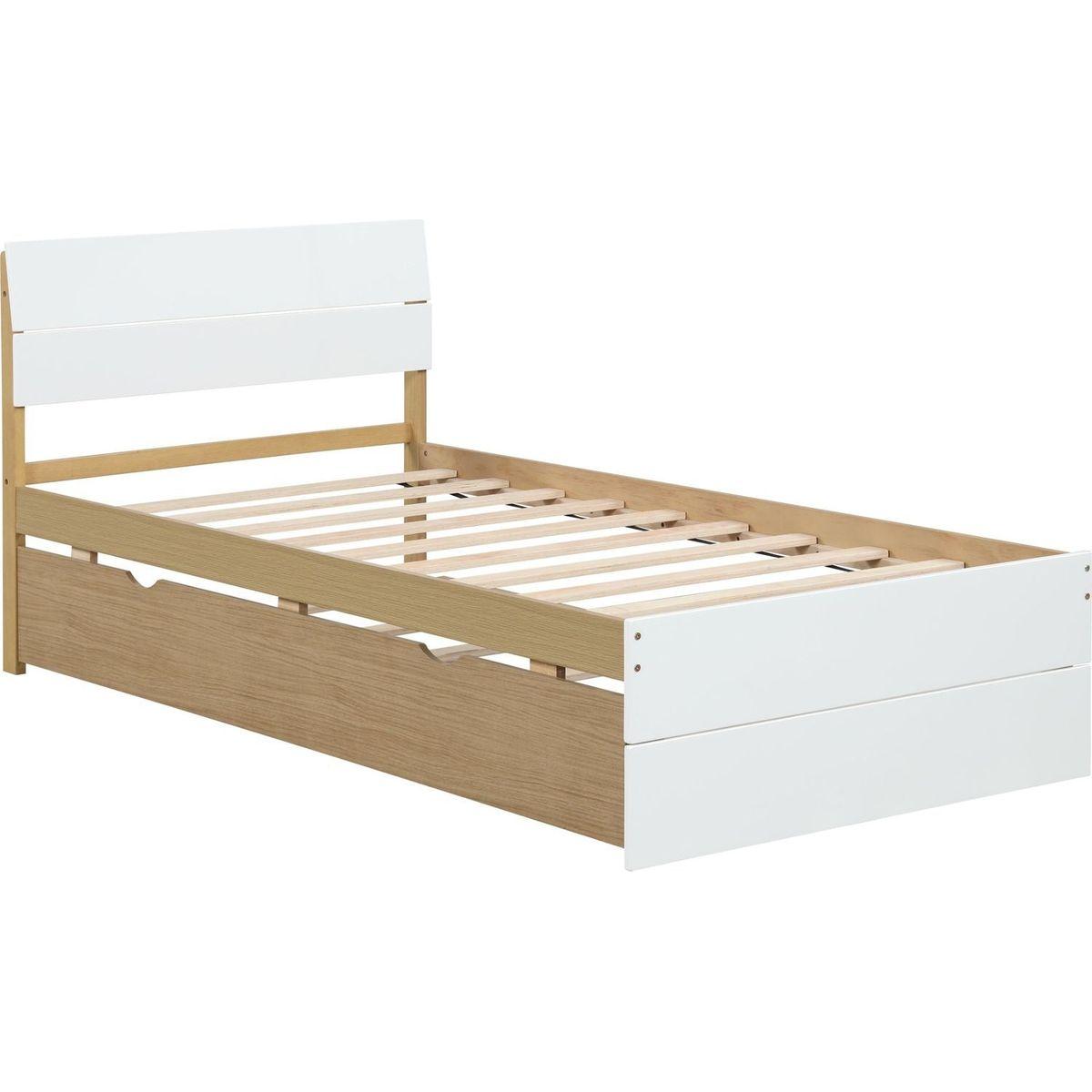 Modern Twin Bed Frame With Trundle For White High Gloss Headboard and Footboard With Light Oak Color