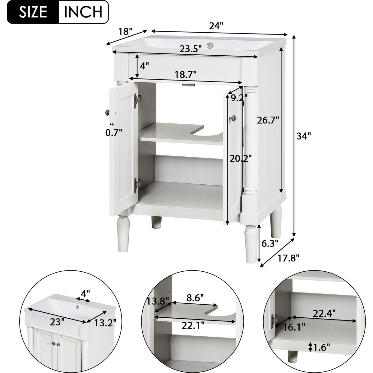 24" Bathroom Vanity with Top Sink, 2-Tier Modern Bathroom Storage Cabinet, Single Sink Bathroom Vanity, Large Storage Shelves