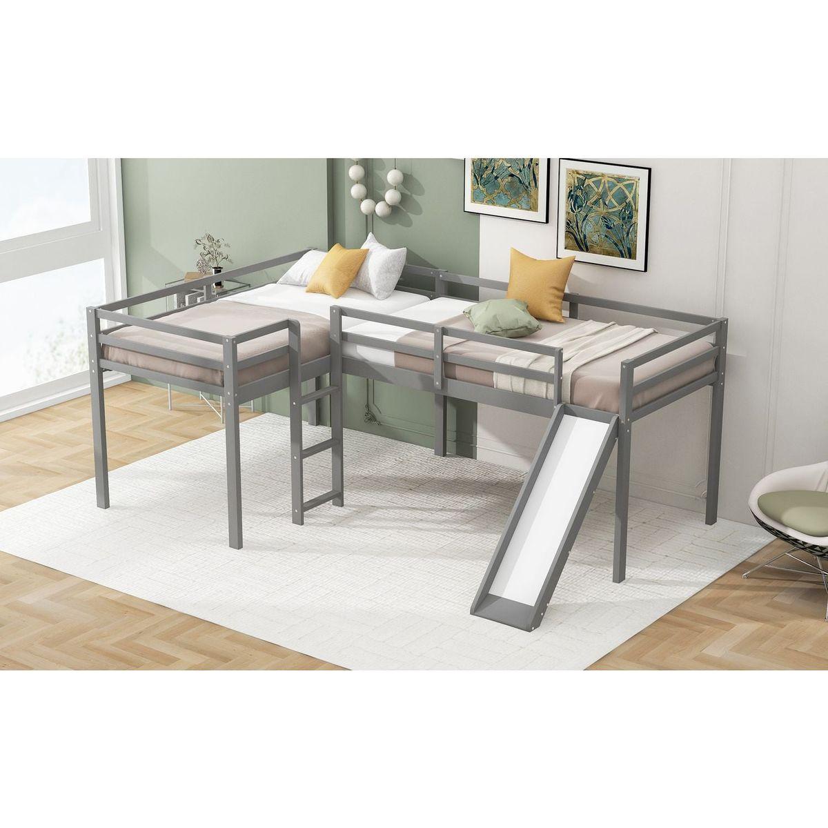 L-Shaped Twin Size Loft Bed with Ladder and Slide, Gray