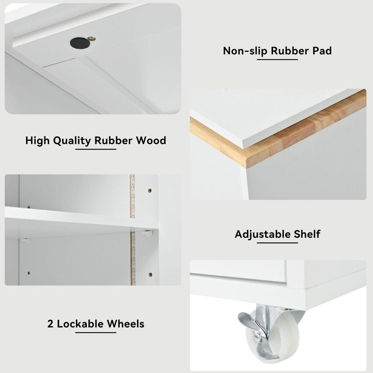 Rolling Kitchen Island With Movable Extended Table, Kitchen Cabinet on Wheels with Power Outlets and 2 Fluted Glass Doors, Kitchen Island with a Storage Compartment and Side 3 Open Shelves, White