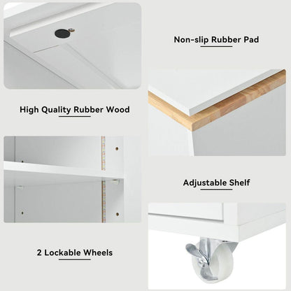 Rolling Kitchen Island With Movable Extended Table, Kitchen Cabinet on Wheels with Power Outlets and 2 Fluted Glass Doors, Kitchen Island with a Storage Compartment and Side 3 Open Shelves, White