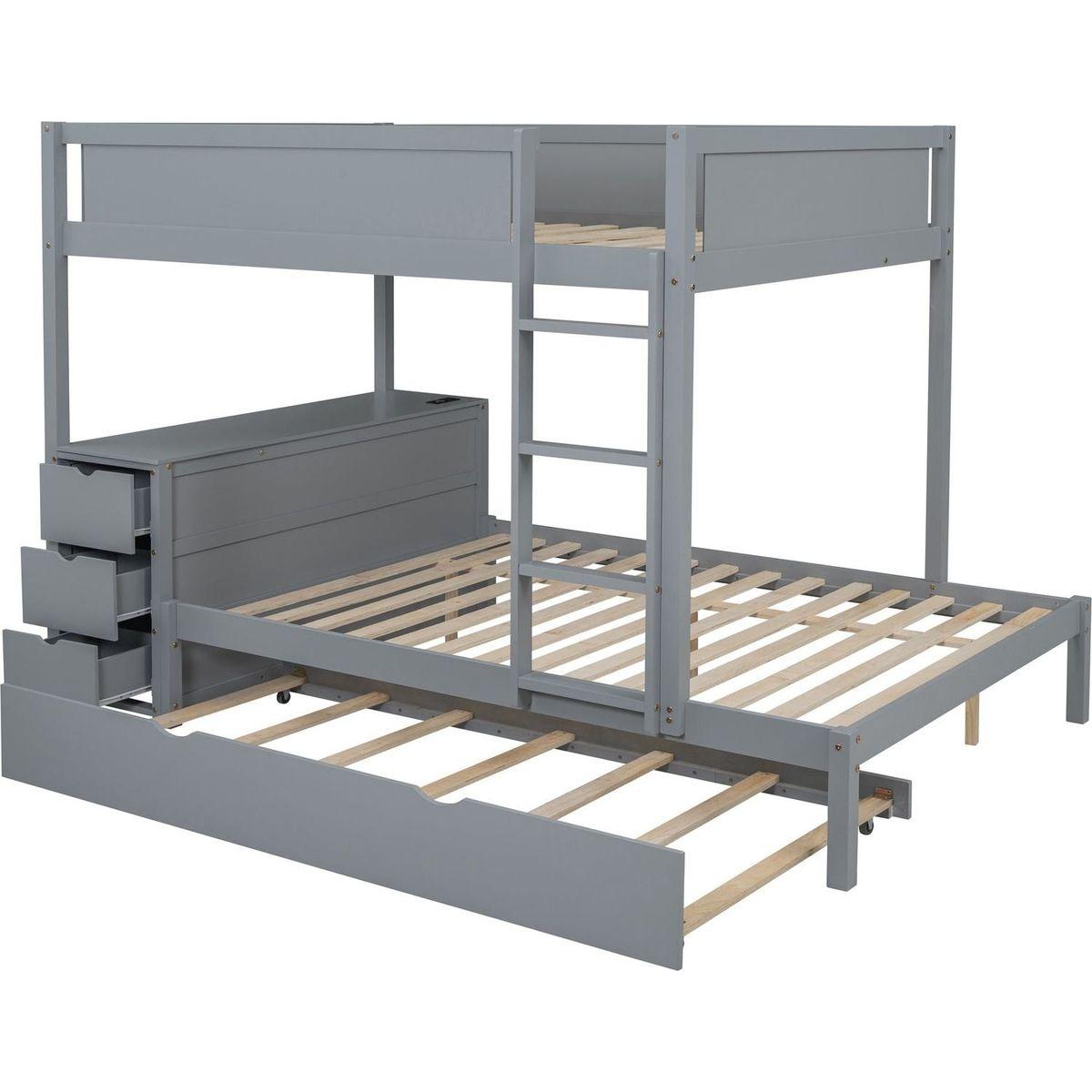 Full-Over-Full Bunk Bed with Twin size Trundle, Storage and Desk, Gray