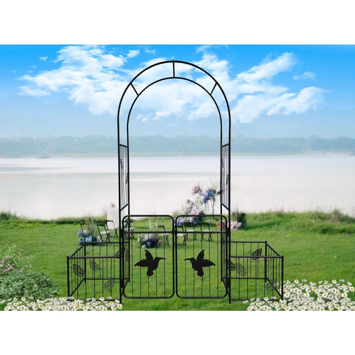 Metal Garden Arch with doors Garden Arbor Trellis Climbing Plants Support Arch Outdoor Arch Wedding Arch Party Events Archway Black