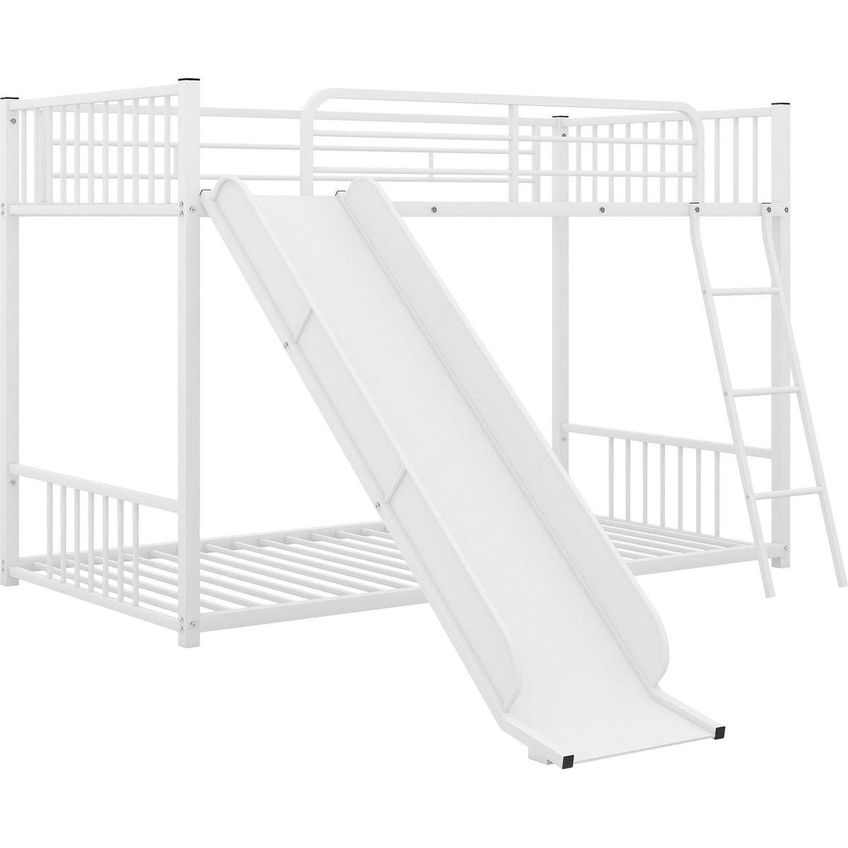 Metal Bunk Bed with Slide, Twin over Twin, White