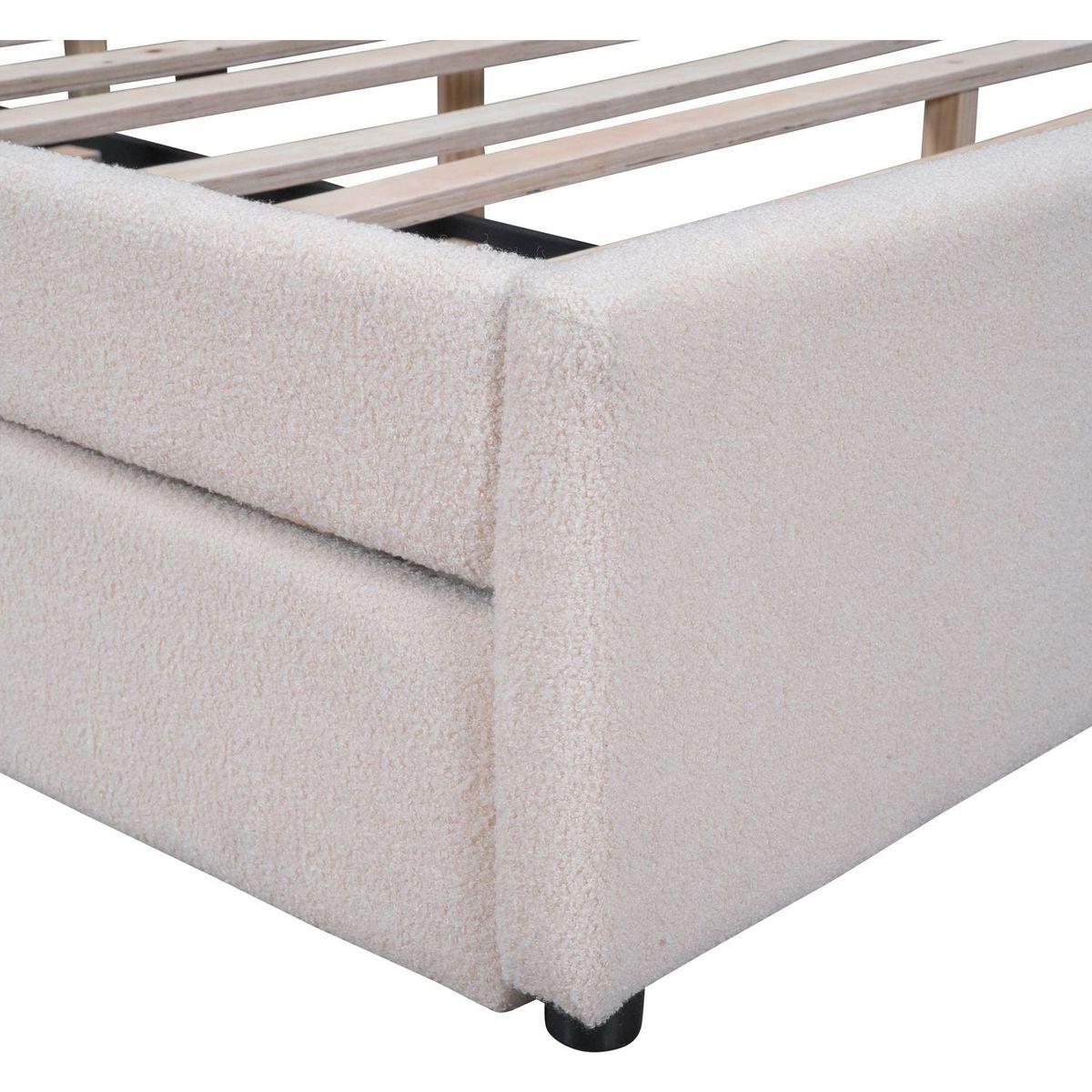 Teddy Fleece Queen Size Upholstered Platform Bed with Trundle, Beige