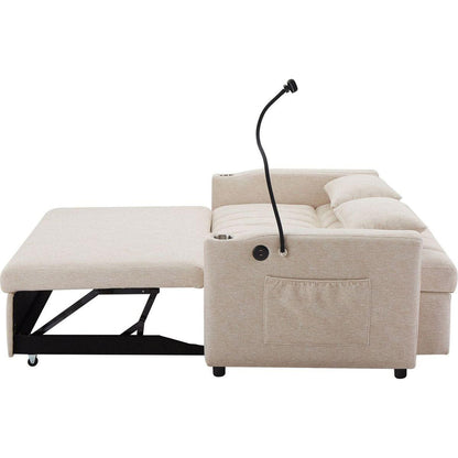 55.9" Convertible Sofa Bed Loveseat Sofa with Three USB Ports, Two Side Pockets, Two Cup Holders and 360Swivel Phone Holder for Living Room, Beige