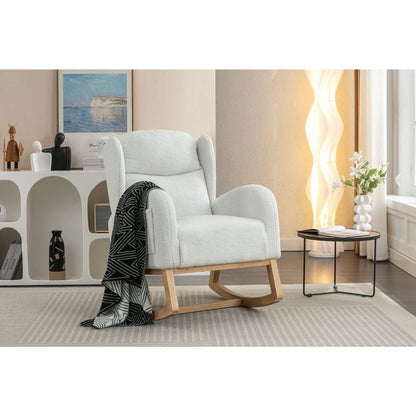 Teddy Fabric Rocking Chair With Packet Wood Legs,Ivory