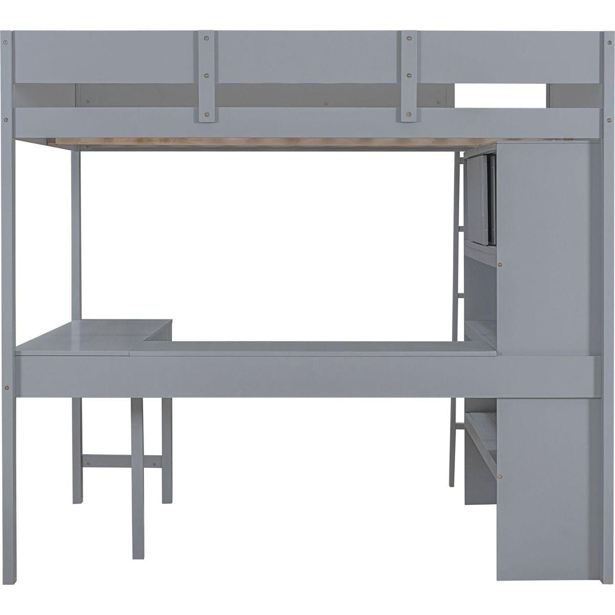 Full Size Loft Bed with Desk and Shelf - Gray