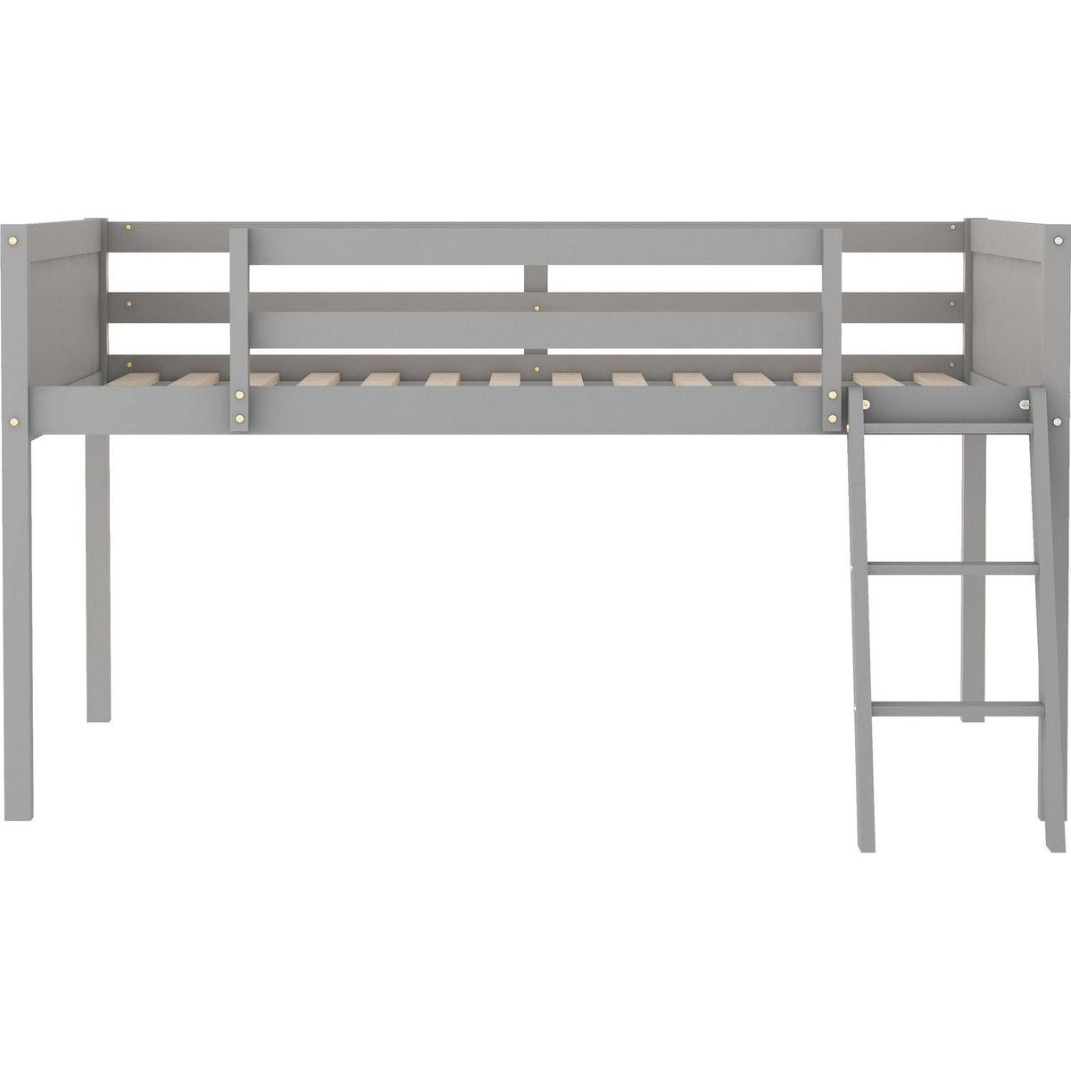 Full Size Wood Low Loft Bed with Ladder, ladder can be placed on the left or right, Gray