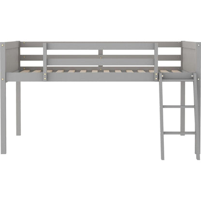 Full Size Wood Low Loft Bed with Ladder, ladder can be placed on the left or right, Gray