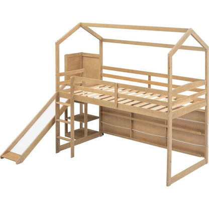 Twin Size Wood House Loft bed with Slide, Storage shelves and Light, Climbing Ramp, Wood Color