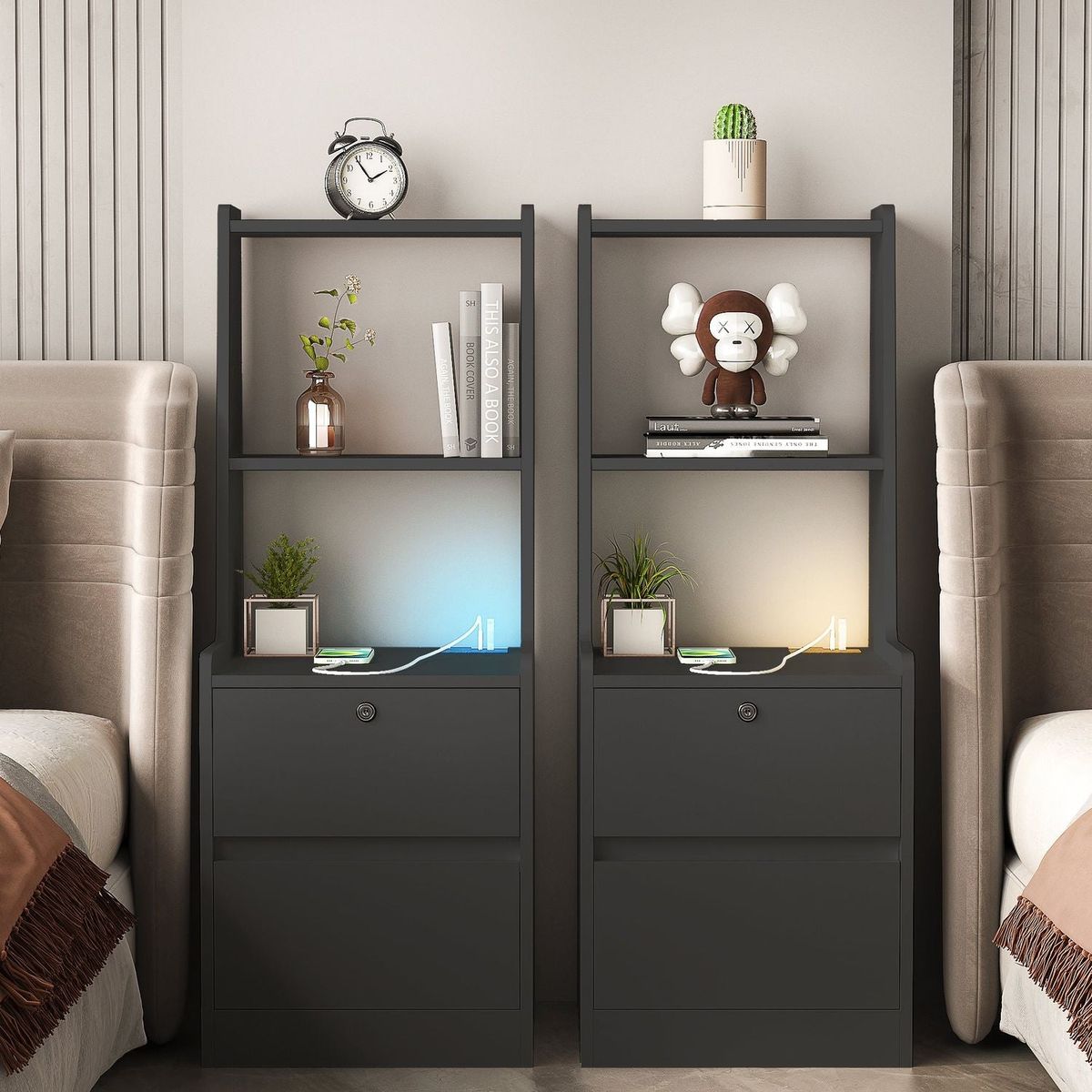 Nightstand with Charging Station, Smart Nightstand with Night Light, Modern Night Stand with Bookshelf, Bedside Tables with Storage Cabinet for Bedroom, Black