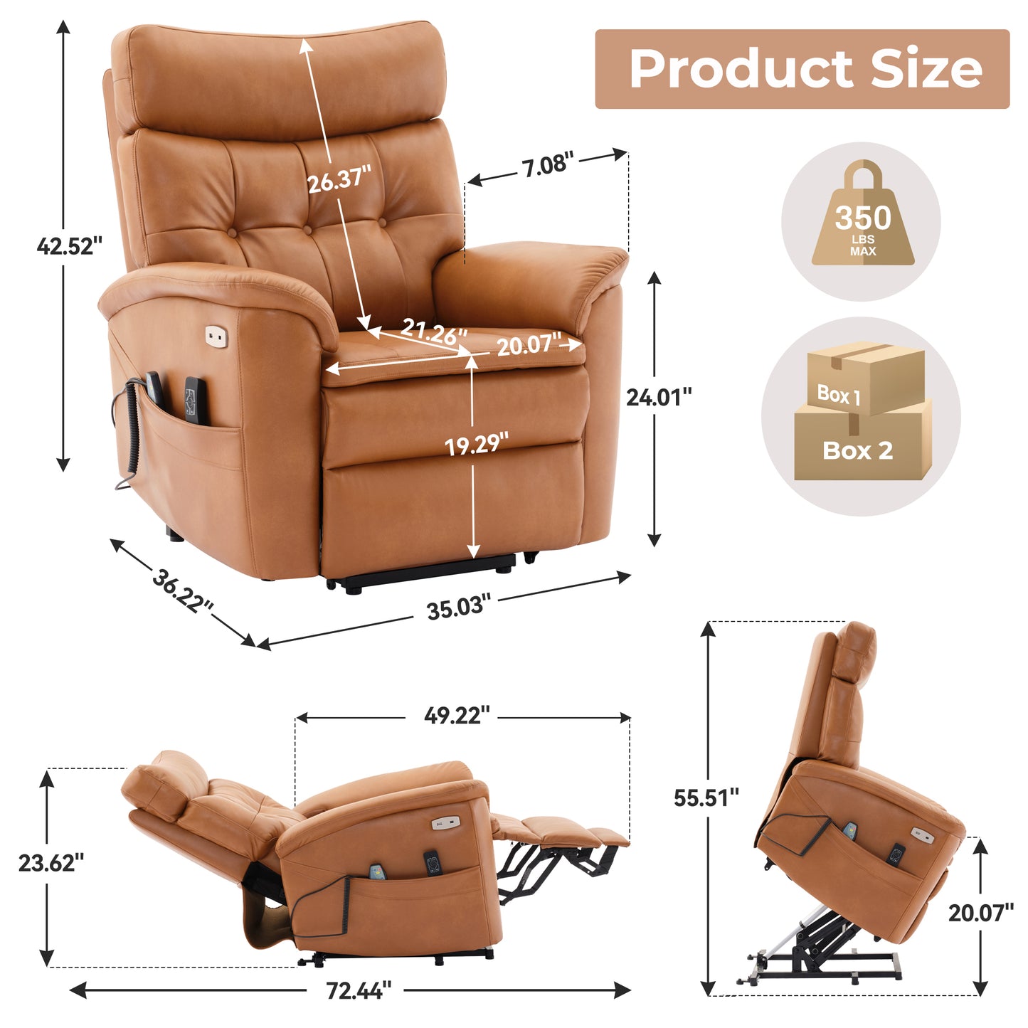 Dual Motor Power Lift Recliner Chair for Elderly, One Touch Reset, Lay Flat Leather Lift Chair with Massage and Heat, USB & Type C Ports, Electric Recliner Chairs for Seniors, Caramel Medium