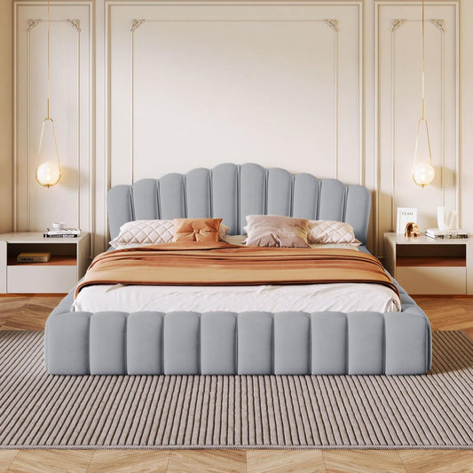 Velvet Upholstered Queen Bed Frame Shell-Shaped Headboard for Bedroom,No Box Spring Needed,Light Blue