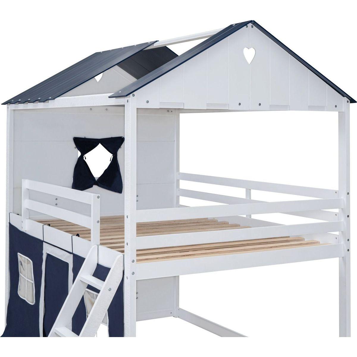 Full Size Bunk Wood House Bed with Elegant Windows, Sills and Tent, Blue+White