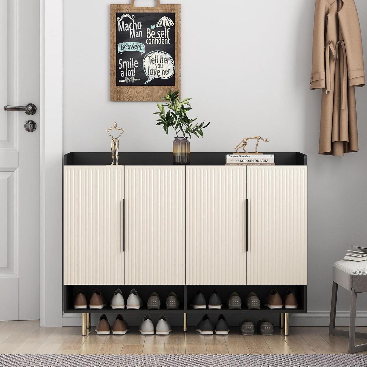 Shoe Cabinet with 4 Doors Large Modern Shoe Storage Organizer Cabinet with Adjustable Shelves for Entryway Black Shoe Rack Cabinet for Living room, bedroom
