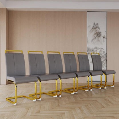 Modern Dining Chairs,PU Faux Leather High Back Upholstered Side Chair with C-shaped Tube. Plating Golden Metal Legs for Dining Room Kitchen Vanity Patio Club Guest Office Chair (Set of 4) (Grey+PU)