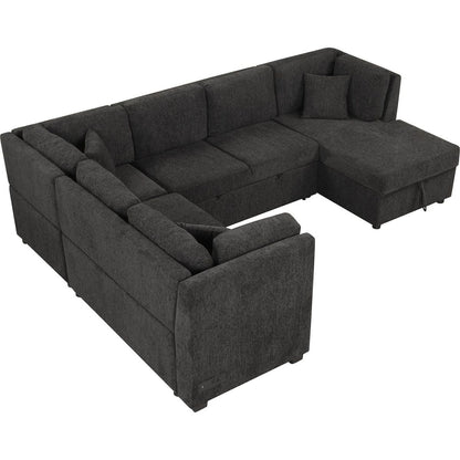 108.6" U-shaped Sectional Sofa Pull out Sofa Bed with Two USB Ports, Two Power Sockets, Three Back Pillows and a Storage Chaise for Living Room, Black