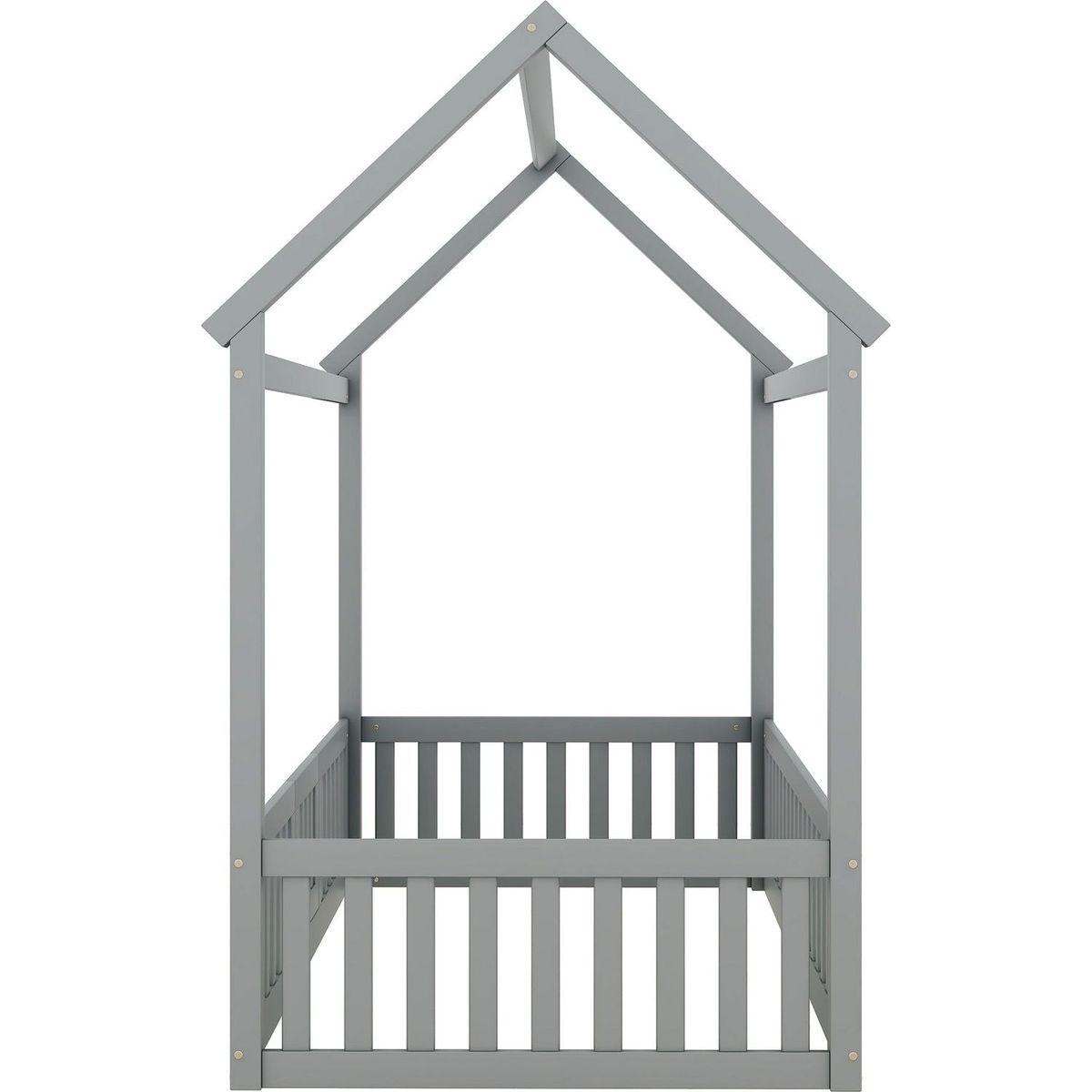 Twin Size Wood House Bed with Fence and Door, Gray