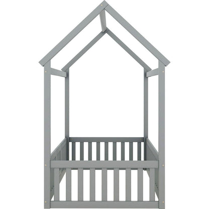 Twin Size Wood House Bed with Fence and Door, Gray