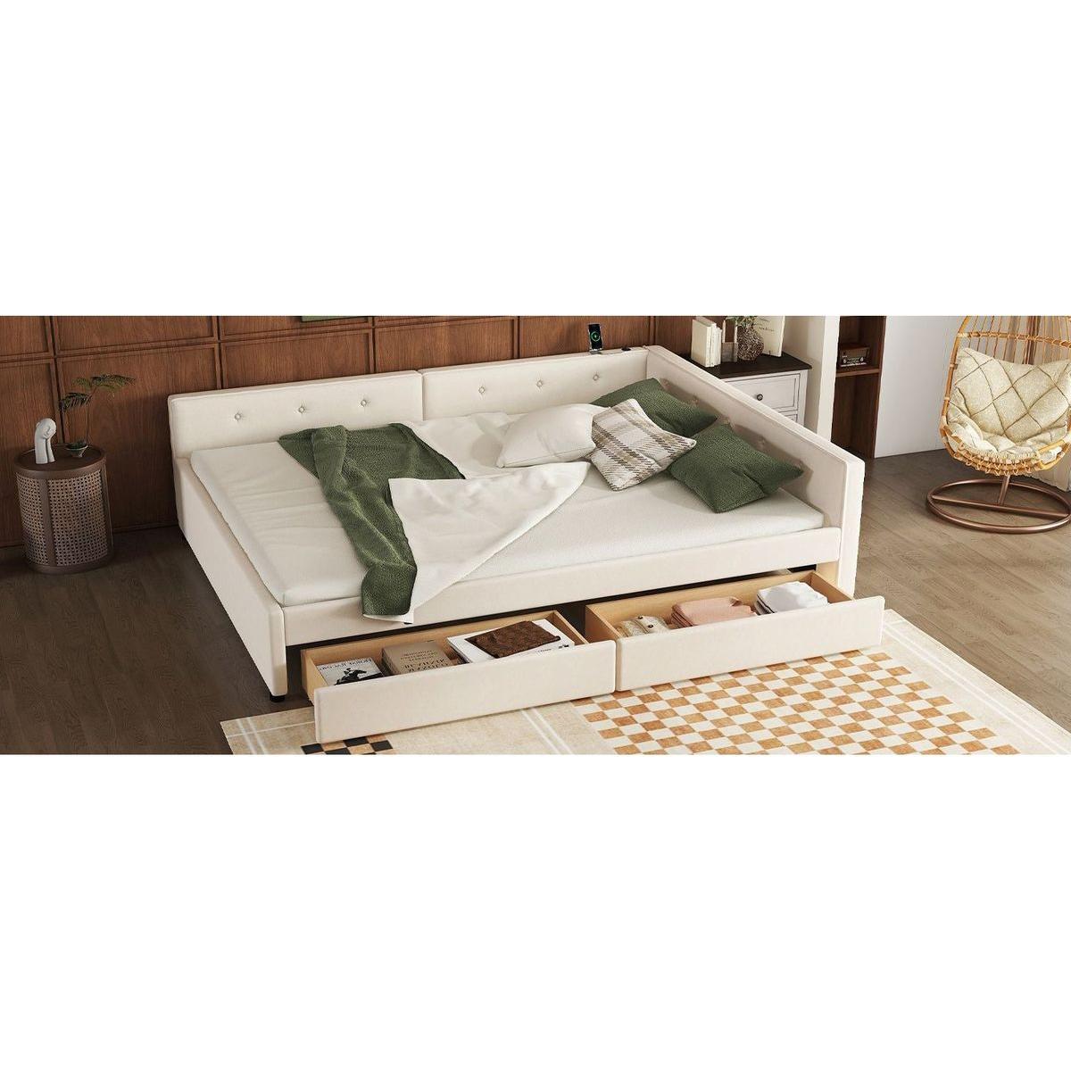 Queen Size Upholstered Platform Bed with USB and 2 Drawers, Beige