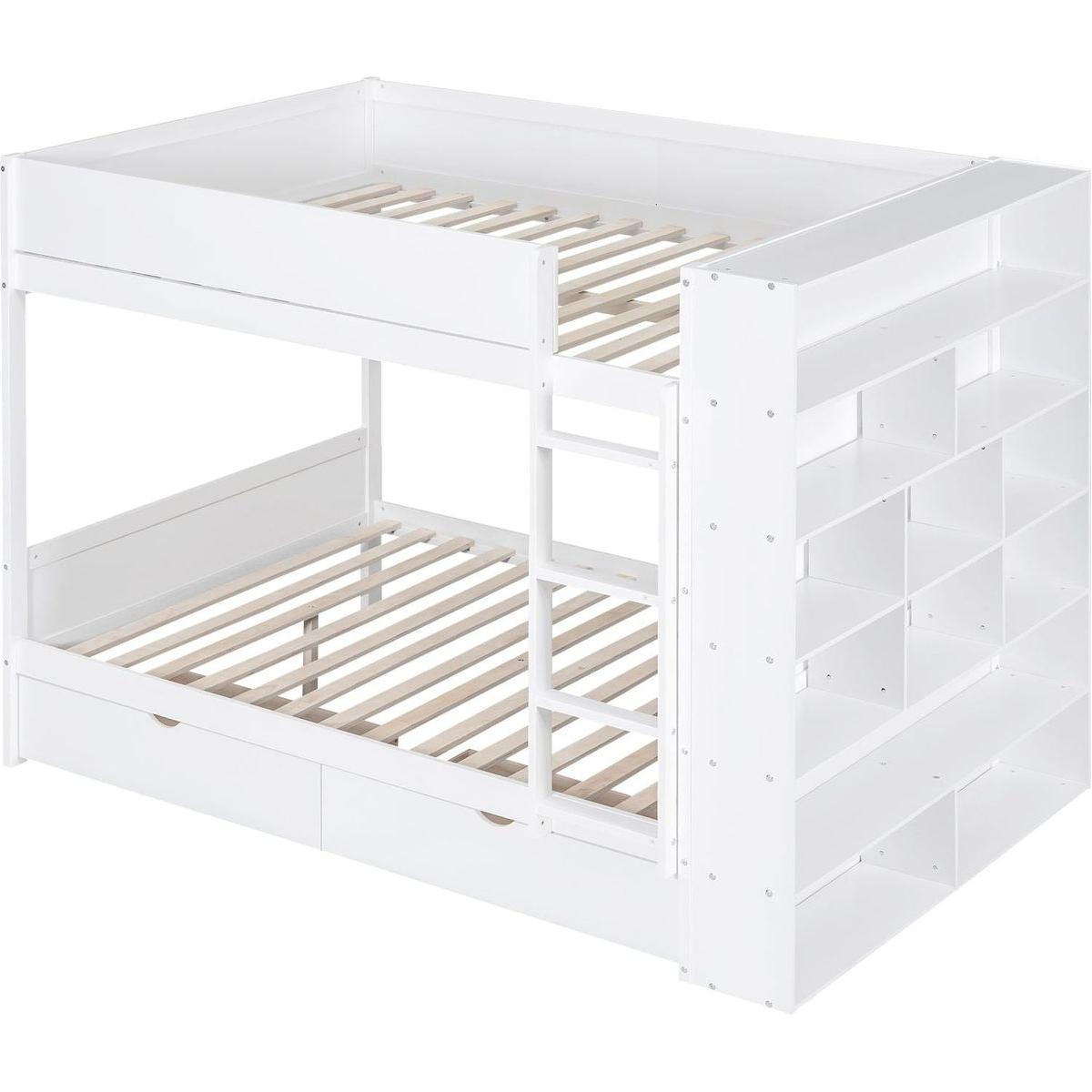 Full over Full Bunk Bed With 2 Drawers and Multi-layer Cabinet, White