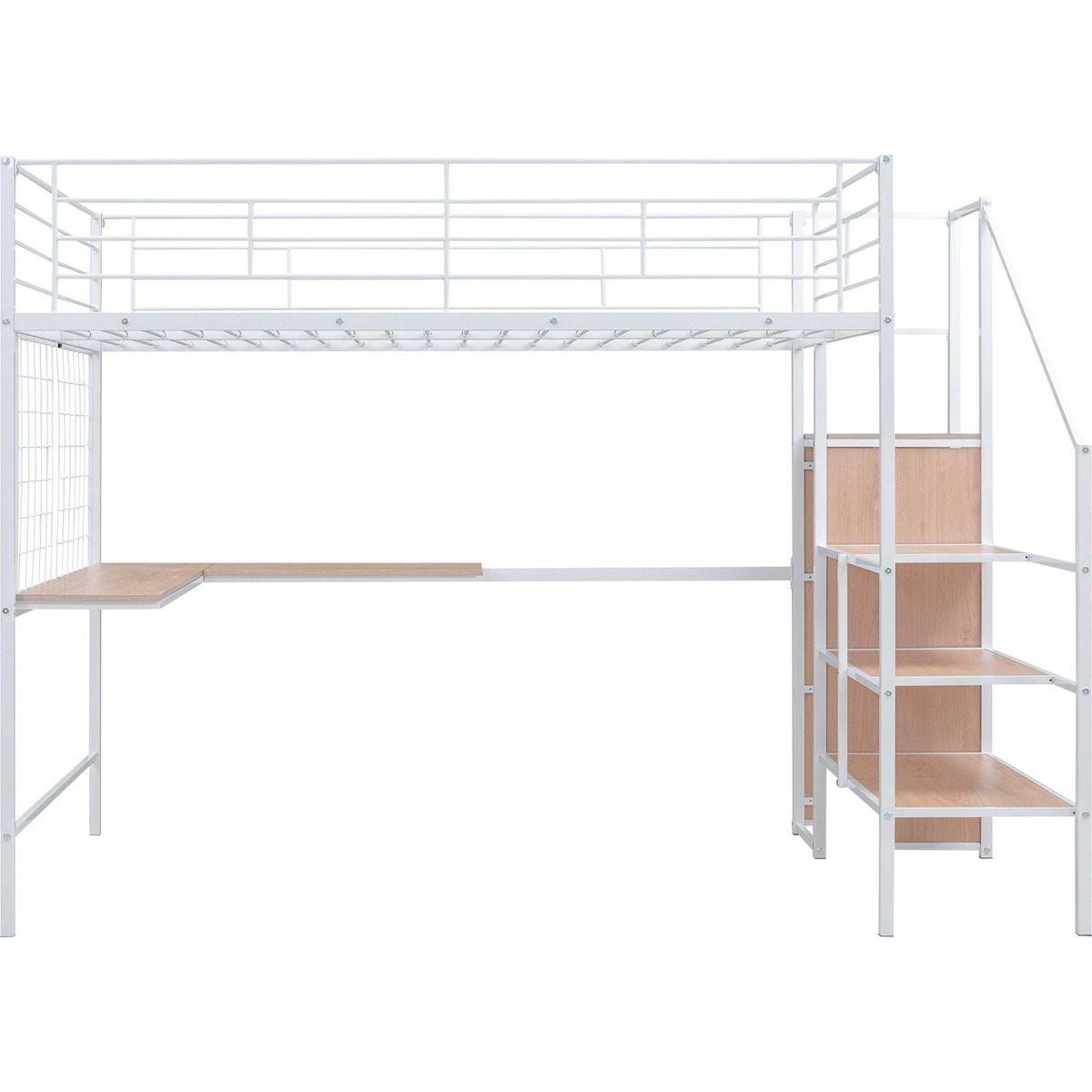 Full Size Metal Loft Bed with Desk and Metal Grid, Stylish Metal Frame Bed with Lateral Storage Ladder and Wardrobe, White