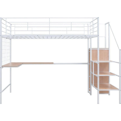 Full Size Metal Loft Bed with Desk and Metal Grid, Stylish Metal Frame Bed with Lateral Storage Ladder and Wardrobe, White