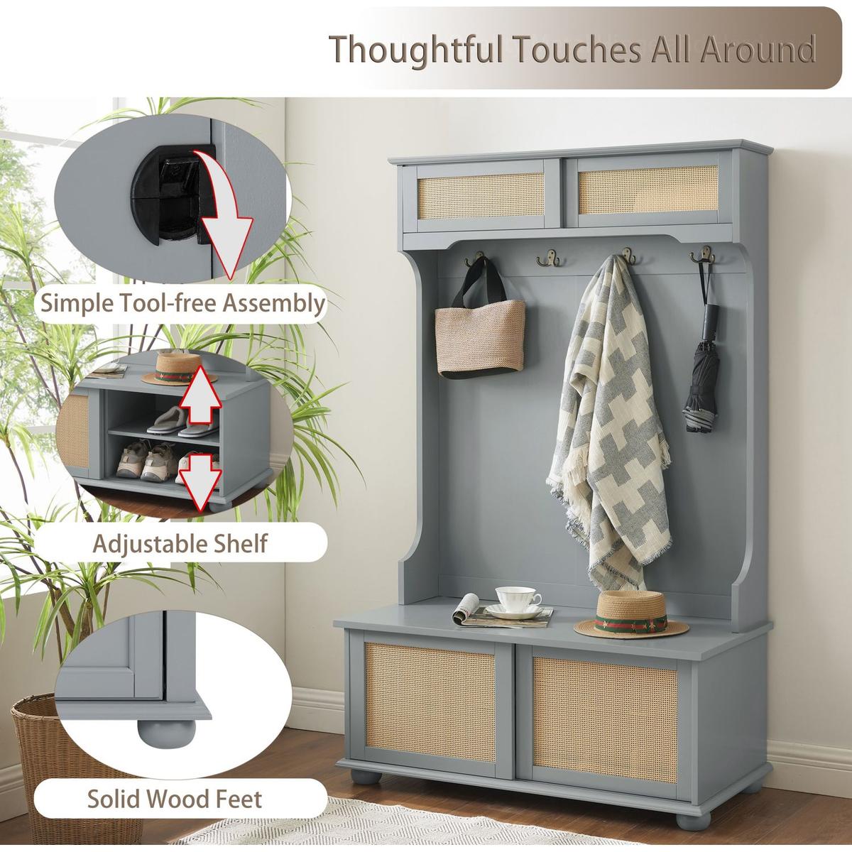 Casual Style Hall Tree Entryway Bench with Rattan Door Shelves and Shoe Cabinets, SOLID WOOD Feet, Gray, 40.16"Wx18.58"Dx64.17"H