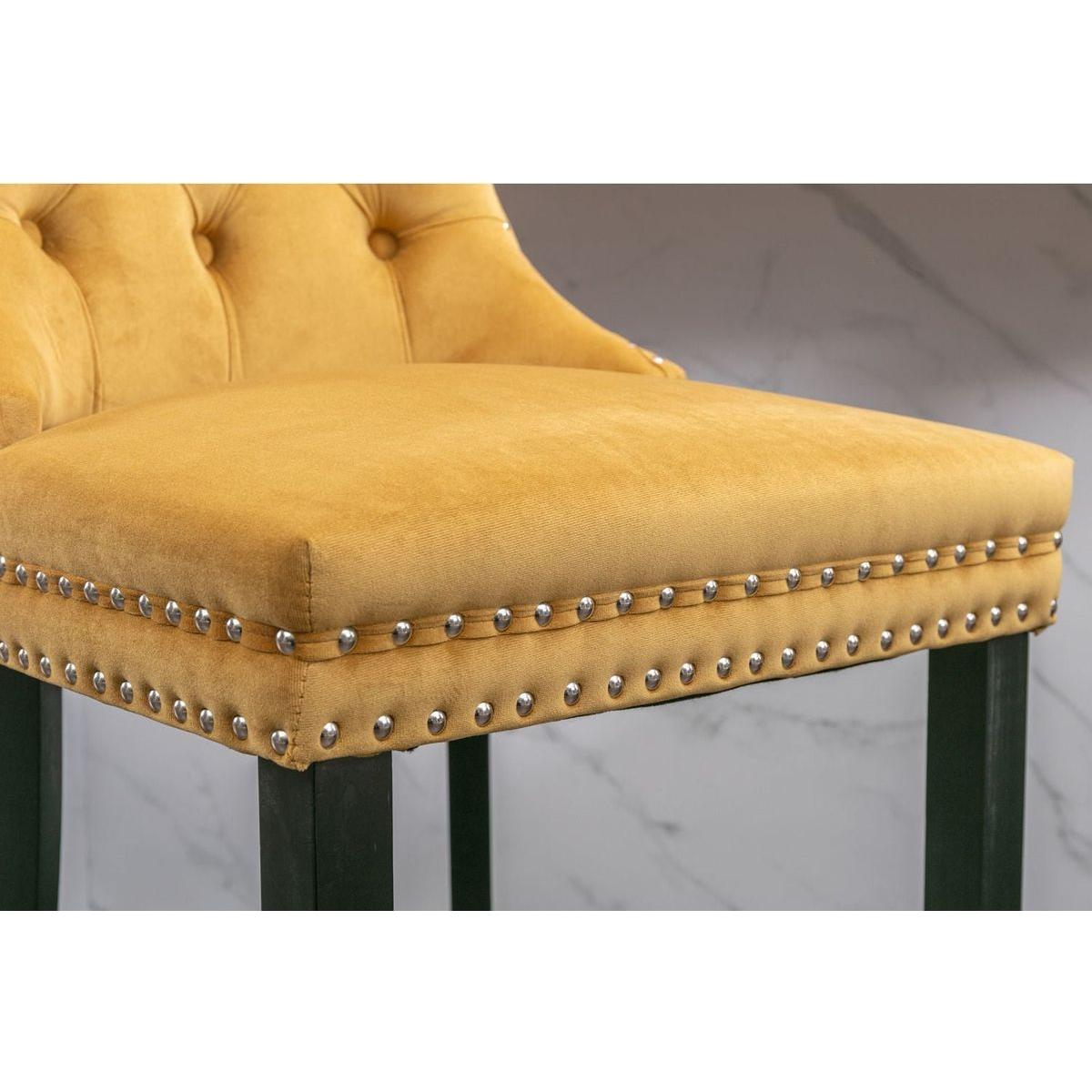 Contemporary Velvet Upholstered Barstools with Button Tufted Decoration and Wooden Legs, and Chrome Nailhead Trim, Leisure Style Bar Chairs,Bar stools, Set of 2 (Golden)
