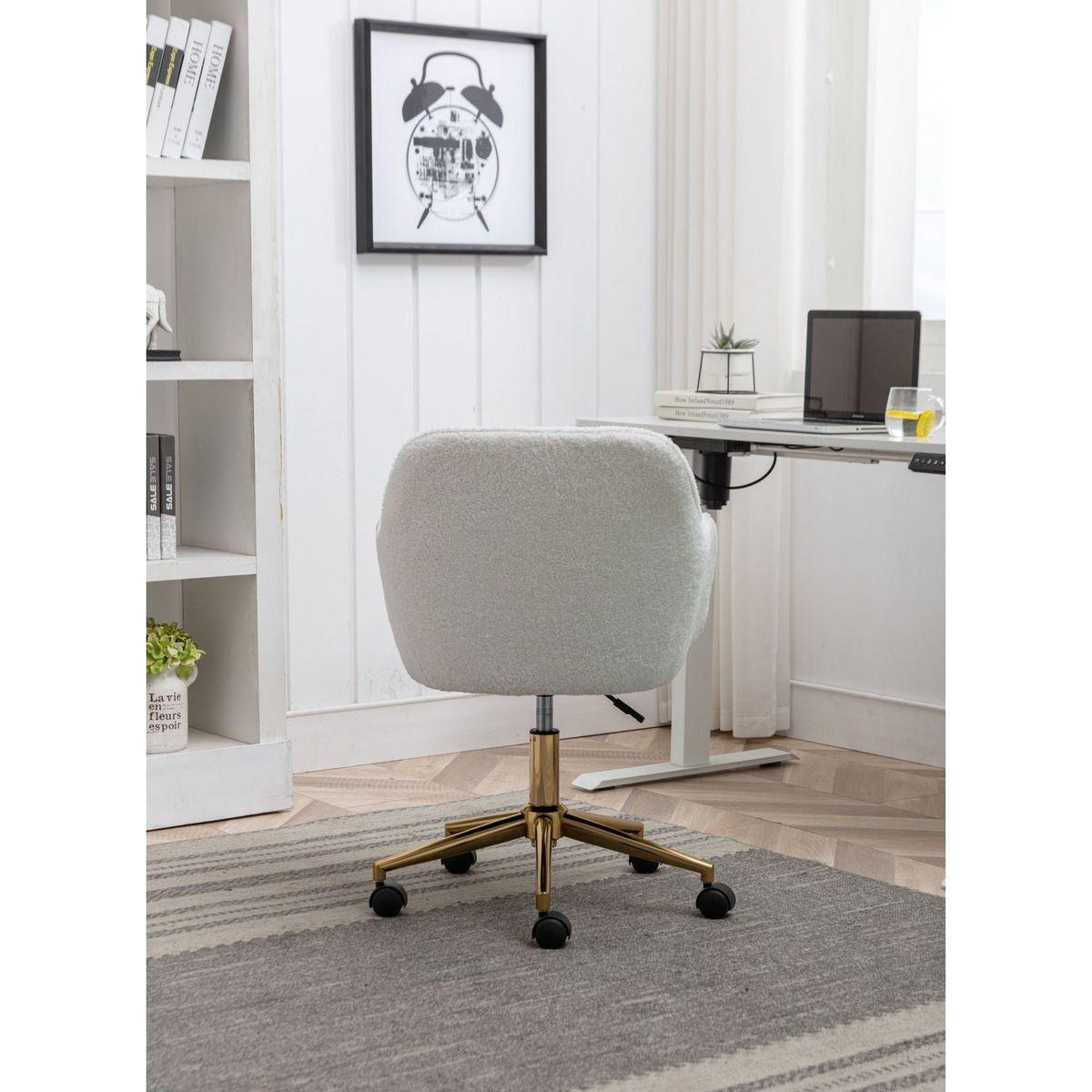 Modern Teddy Fabric Material Adjustable Height 360 Revolving Home Office Chair With Gold Metal Legs And Universal Wheel For Indoor,White