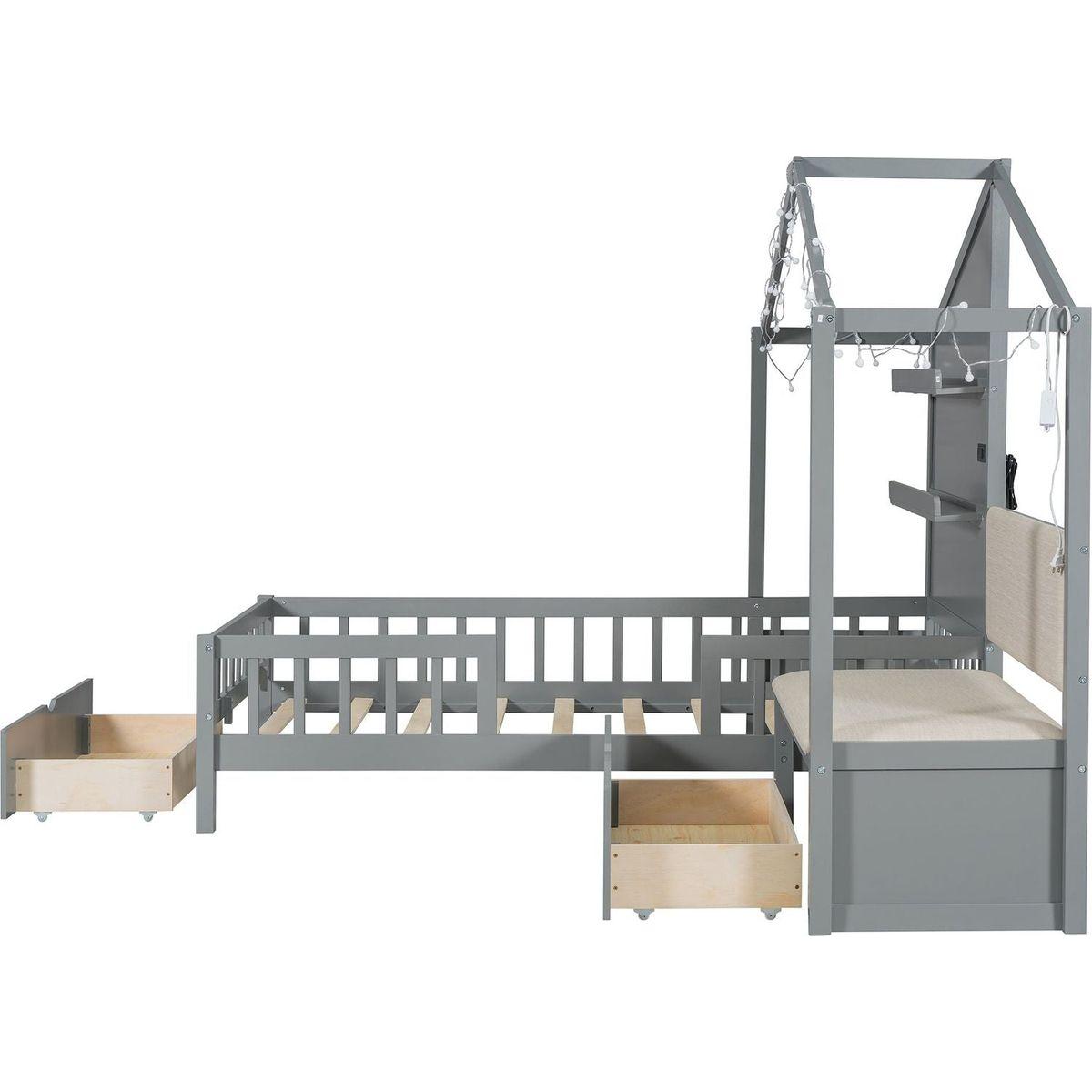 Twin Size House Bed with Upholstered Sofa, House Bed with Charging Station, Wireless Charging, Shelves and Two Drawers, Gray