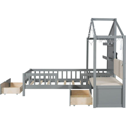 Twin Size House Bed with Upholstered Sofa, House Bed with Charging Station, Wireless Charging, Shelves and Two Drawers, Gray