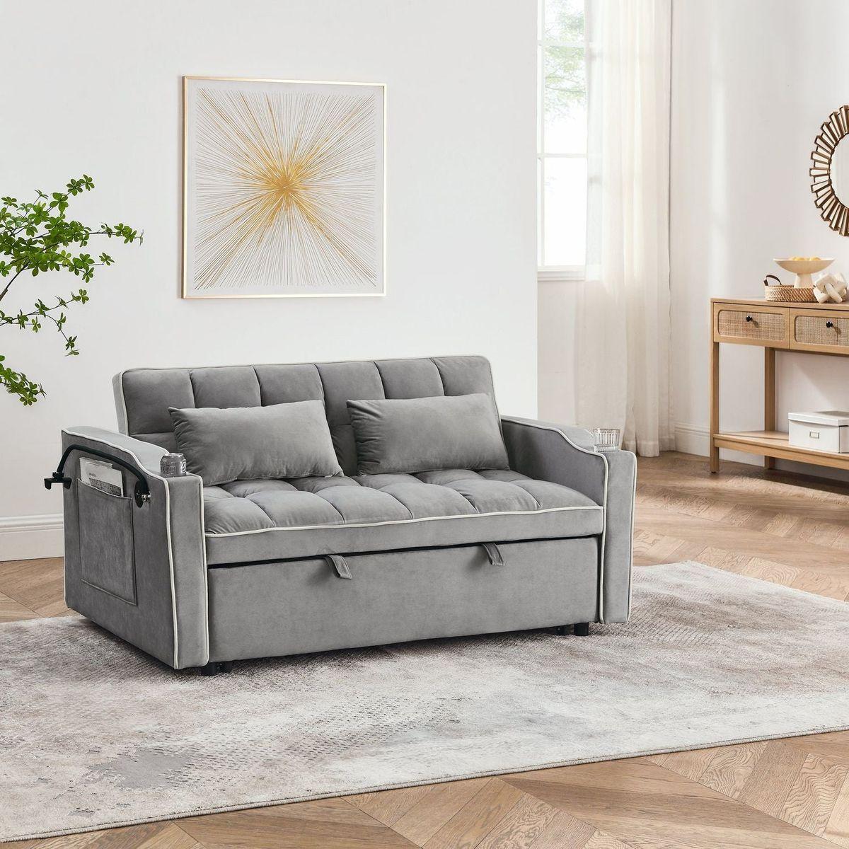 55.51 inch versatile foldable sofa bed in 3 lengths, modern sofa sofa sofa velvet pull-out bed, adjustable back and with USB port and ashtray and swivel phone stand (Grey)