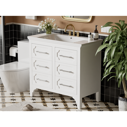 36" Bathroom Vanity with Resin Sink Combo, Free Standing Single Vanity Set with Four Drawers, Solid Wood Frame Bathroom Storage Cabinet