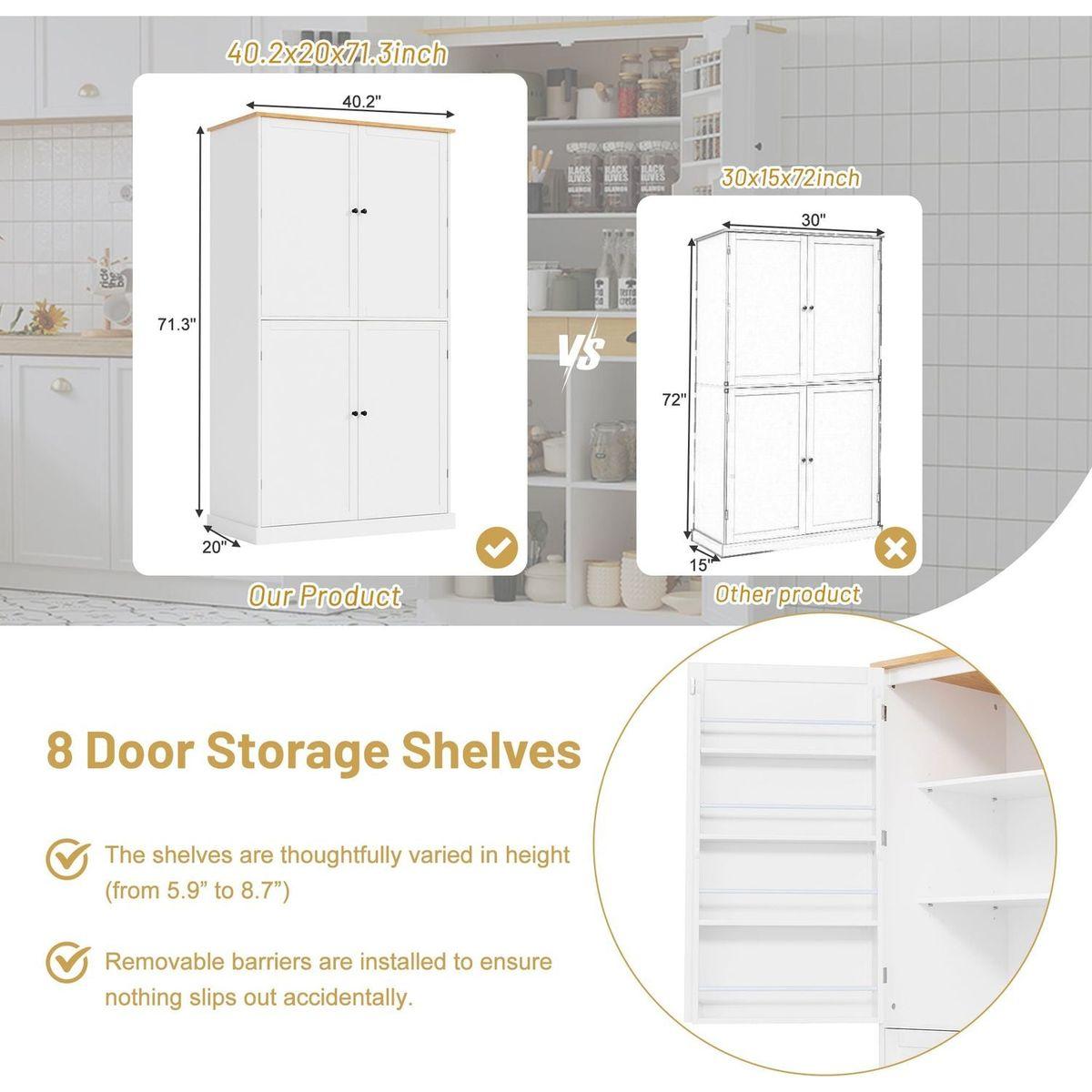 [Assembly Video Provided]40.2x20x71.3inch High Freestanding Kitchen Pantry Large Cupboard Storage Cabinet with 2 Drawers, 2 Adjustable Shelves, 8 Door Shelves for Kitchen, Dining Room,White