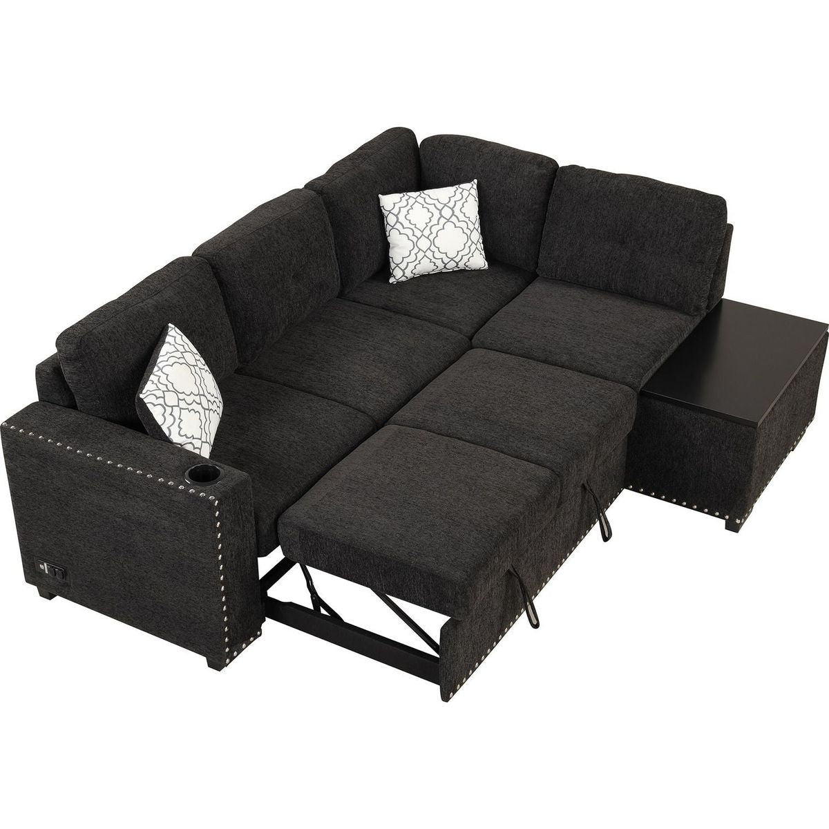 83.8" Reversible Sectional Pull-Out Sofa Bed L-Shaped Corner Sofa Couch with Storage Chaise, USB Ports, Power Sockets, Cup Holder for Living Room, Bedroom, Study, Black