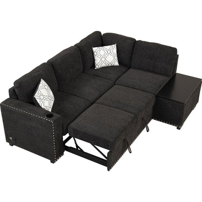 83.8" Reversible Sectional Pull-Out Sofa Bed L-Shaped Corner Sofa Couch with Storage Chaise, USB Ports, Power Sockets, Cup Holder for Living Room, Bedroom, Study, Black
