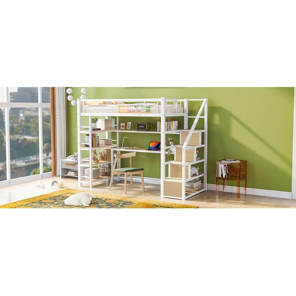 Twin Size Metal Loft bed with Staircase, Built-in Desk and Storage Shelves, White