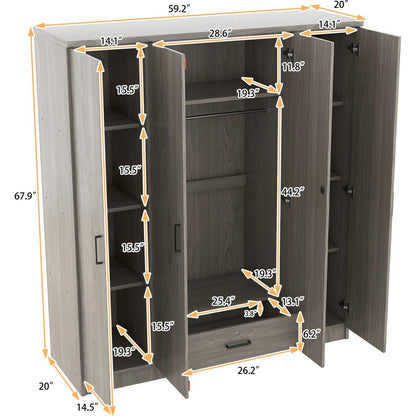 4-Door Wardrobe with 1 Drawer, Gray