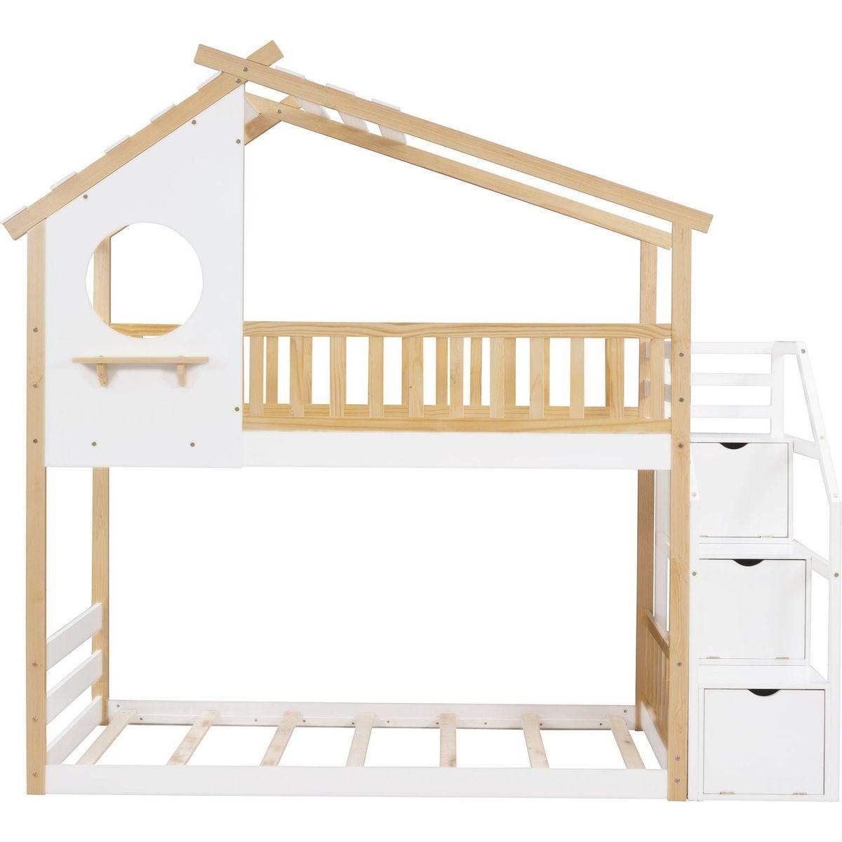 Stairway Twin-Over-Twin Bunk Bed,House Bed,Storage and Guard Rail,Natural Bed +White Stair