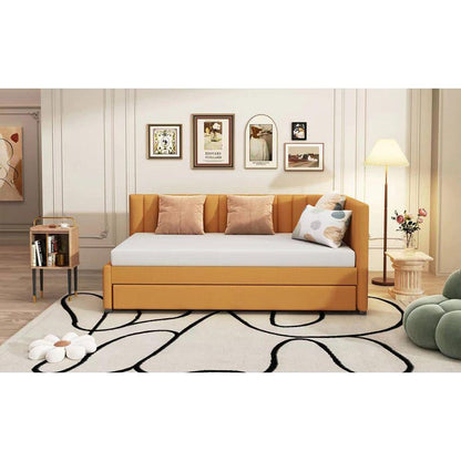 Upholstered Daybed with Trundle Twin Size Sofa Bed Frame No Box Spring Needed, Linen Fabric(Yellow)