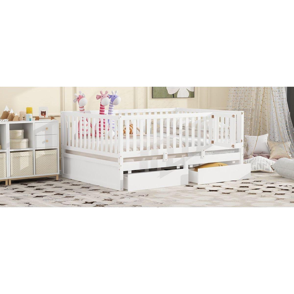 Full Size Wood Daybed with Fence Guardrails and 2 Drawers, Split into Independent Floor Bed & Daybed, White