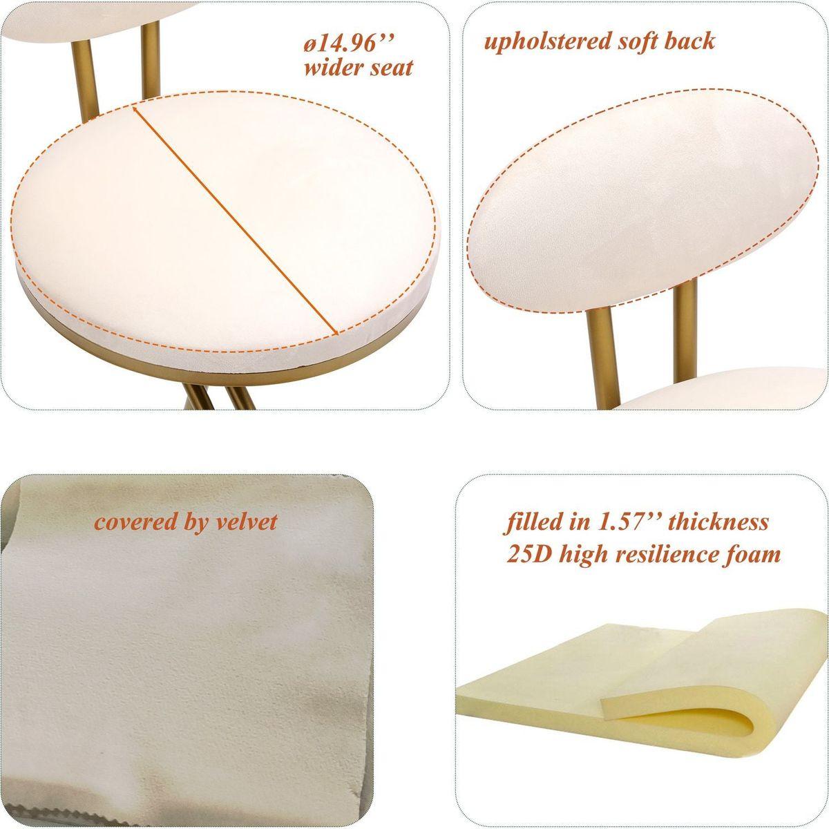 Round Bar Stool Armless Velvet Barstools with Back Set of 2 Upholstered Counter Chair for Dining Room, Kitchen Island (Gold & Creamy White)