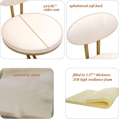 Round Bar Stool Armless Velvet Barstools with Back Set of 2 Upholstered Counter Chair for Dining Room, Kitchen Island (Gold & Creamy White)