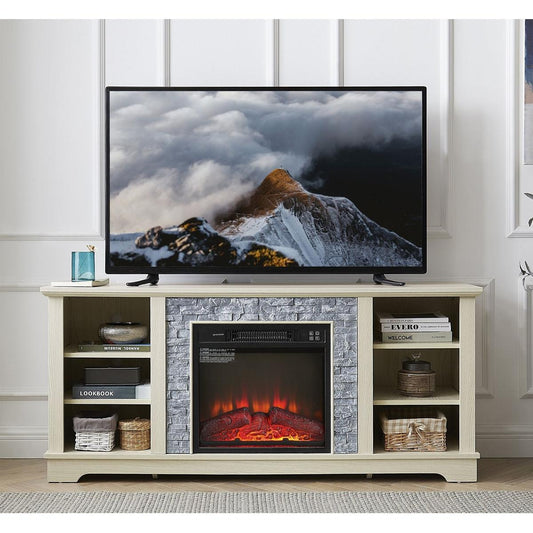 Mantel Electric Fireplace Stone TV Media Stand, Open Storage Modern Entertainment Console Space with 18" Fireplace Insert, White, 58.31"Wx15.39"Dx26.06"H