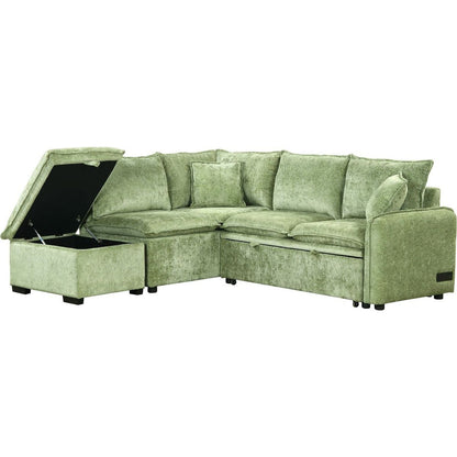 82.67"Convertible Sofa Bed Sectional Sofa Sleeper L-shaped Sofa with a Storage Ottoman,Two Pillows, Two Power Sockets and Two USB Ports for Living Room, Green