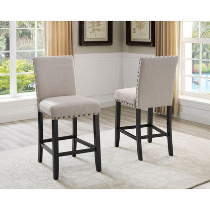 Biony Espresso Wood Counter Height Dining Set with Tan Fabric Nailhead Stools
