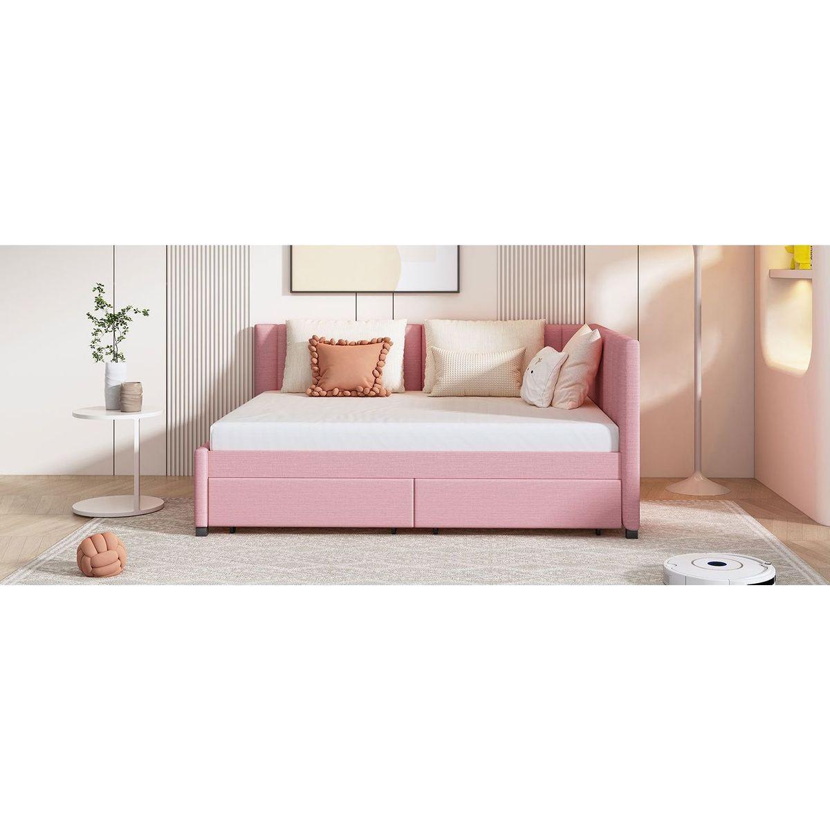 Full Size Upholstered Daybed with 2 Storage Drawers Sofa Bed Frame No Box Spring Needed, Linen Fabric (Pink)