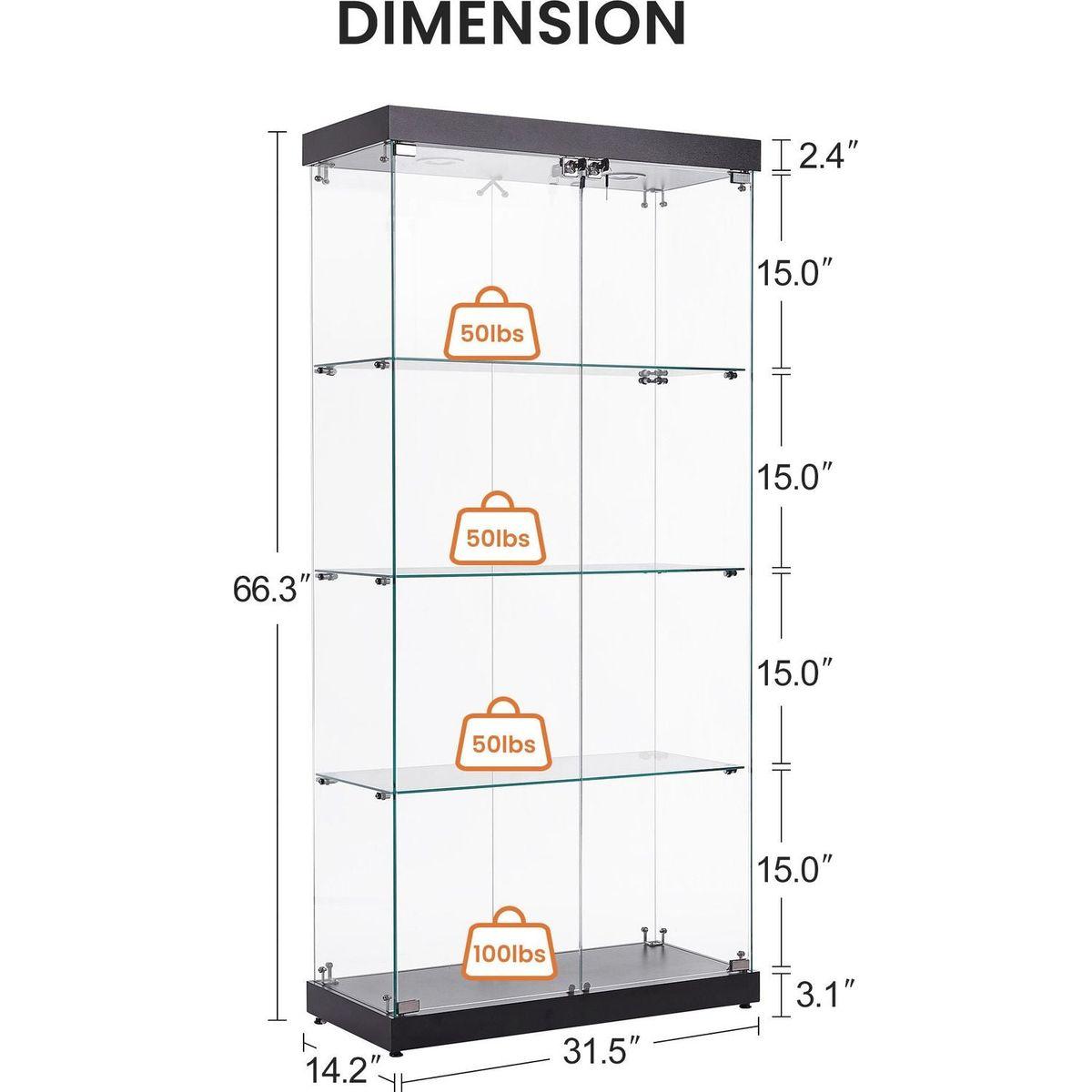4-Tier Glass Display Cabinet, Double Door Glass Cabinet, Four Partitions, Two Locks, Floor Standing Storage Cabinet for Living Room, Bedroom, Showroom and Office, Black, 31.5"L x 14.2"W x 66.3"H